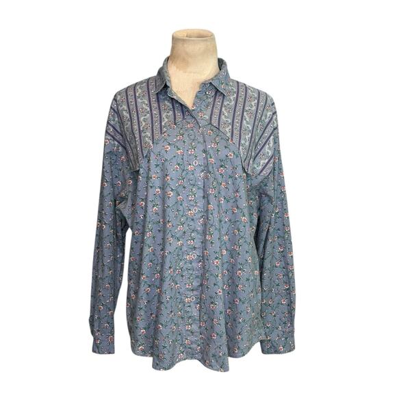 New Fashion blue pink floral long sleeves button shirt size Large - Picture 1 of 15